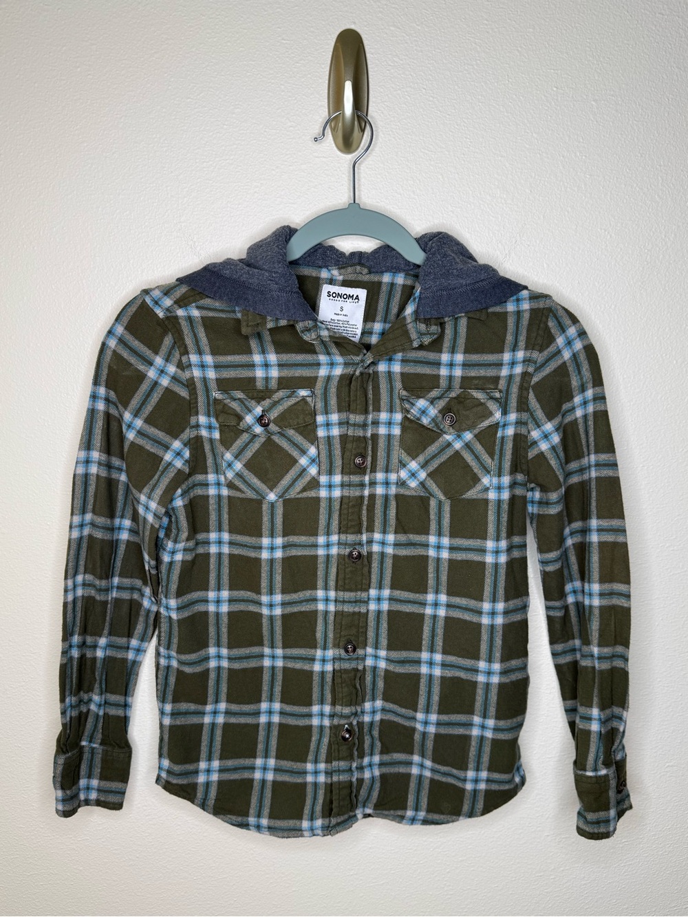 Sonoma Boy’s Small Hooded Flannel Shirt Olive Green Blue Plaid Button Up